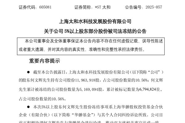 因股東個(gè)人合同糾紛 太和水10.56%股份被凍結(jié)