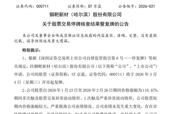 ST京藍(lán)停牌核查結(jié)果公布 3月4日起復(fù)牌